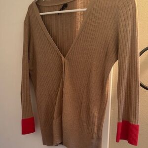 Topshop Tan Cardigan with Red Accents